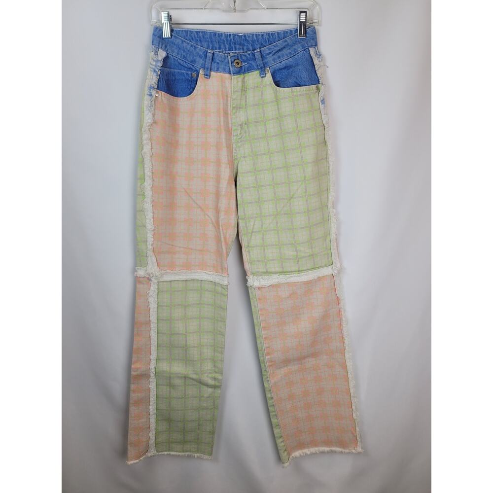 The Ragged Priest Funky Patchwork Checkered Jeans Lime Green Salmon Blue Sz 26